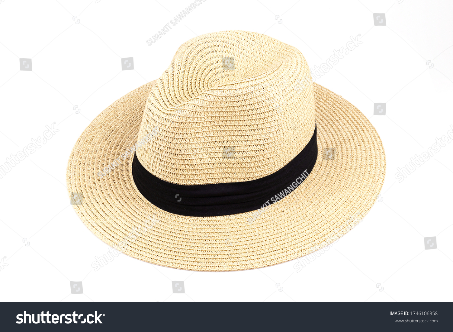 Panama hat style, Straw hat with black ribbon isolated on white background, Straw hat for woman
 #1746106358