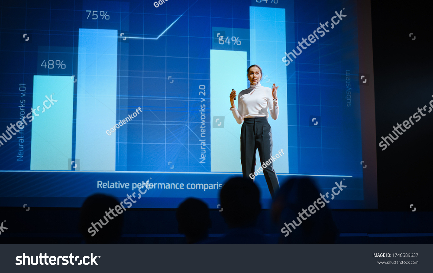 On Stage, Successful Female Speaker Presents Technological Product, Uses Remote Control for Presentation, Showing Infographics, Statistics Animation on Screen. Live Event  Device Release. #1746589637