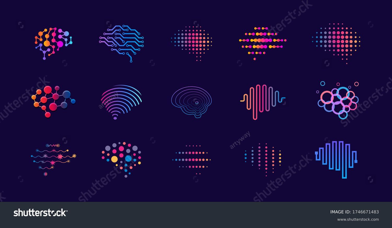 Set of abstract dots and lines brain logotypes concept. Logo for science innovation, machine learning, ai, medical research, new technology development, human brain health, it startup. #1746671483