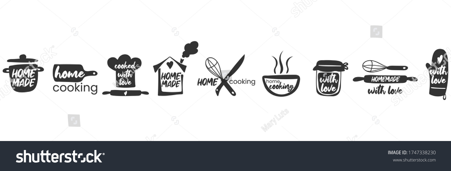 Set of hand drawn simple kitchen phrases - homemade,with love, home cooking, cooked with love. Badges, labels and logo elements, retro symbols for bakery shop, cooking club, cafe, or home cooking. #1747338230