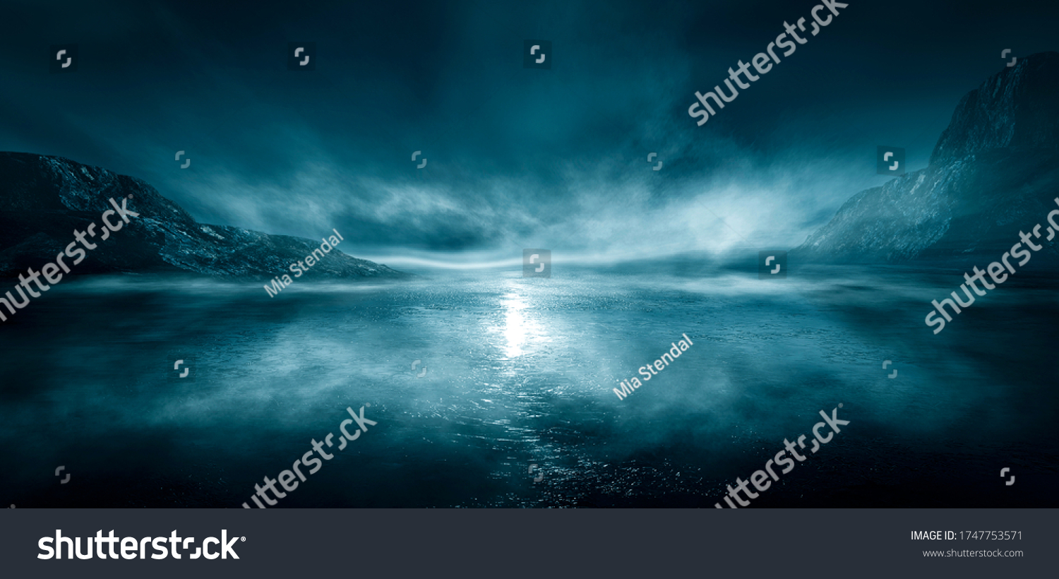 Modern futuristic fantasy night landscape with abstract islands and night sky with space galaxies. Multicolor neon glow. Reflection of light in water, stars. Empty scene, landscape. #1747753571