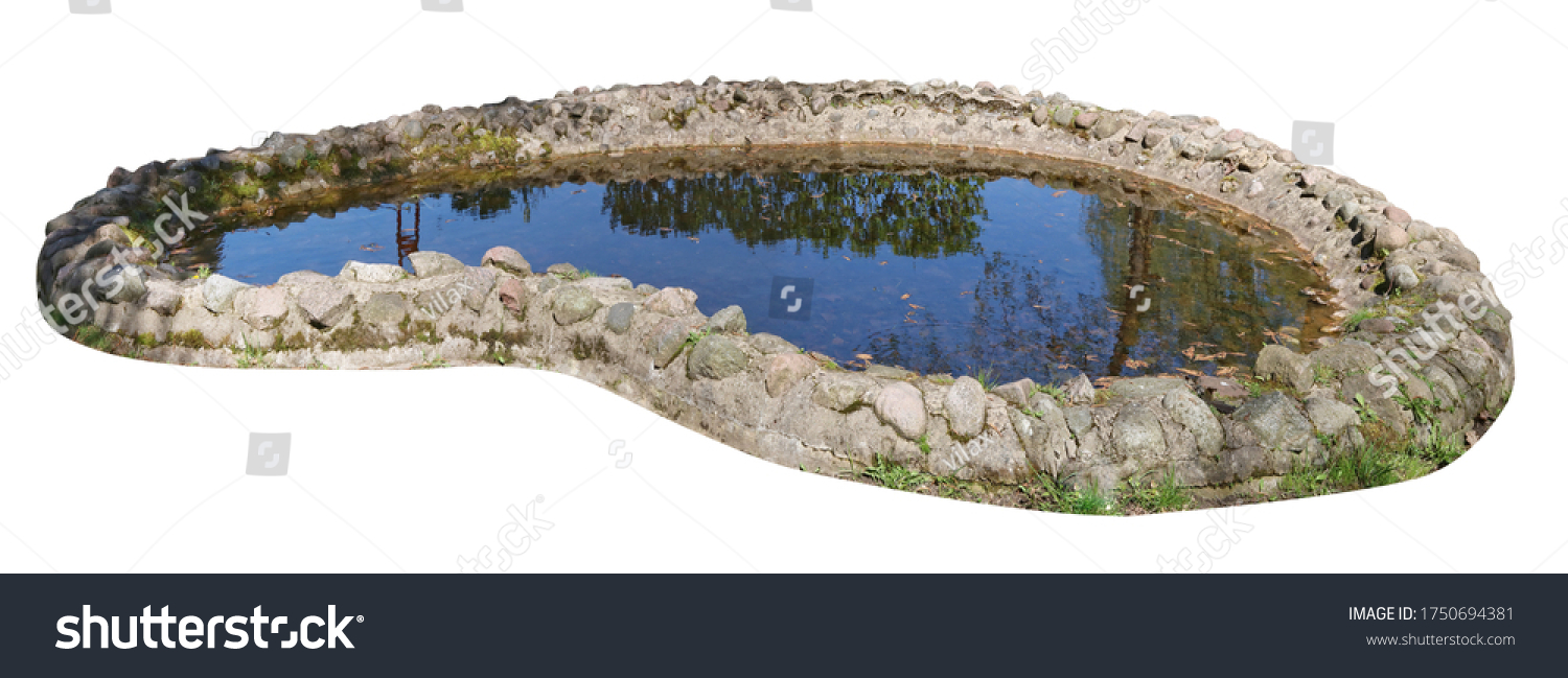 Small home-made pond with a coast made of granite stones and cobblestones. Isolated on white #1750694381
