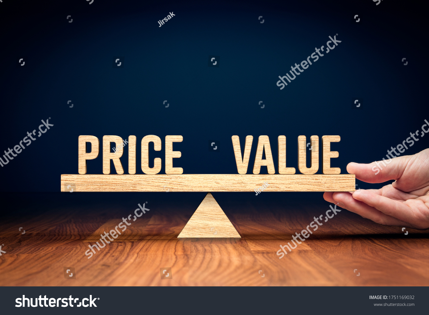 Price and value balance marketing concept. Hand of manager balancing texts price and value. #1751169032