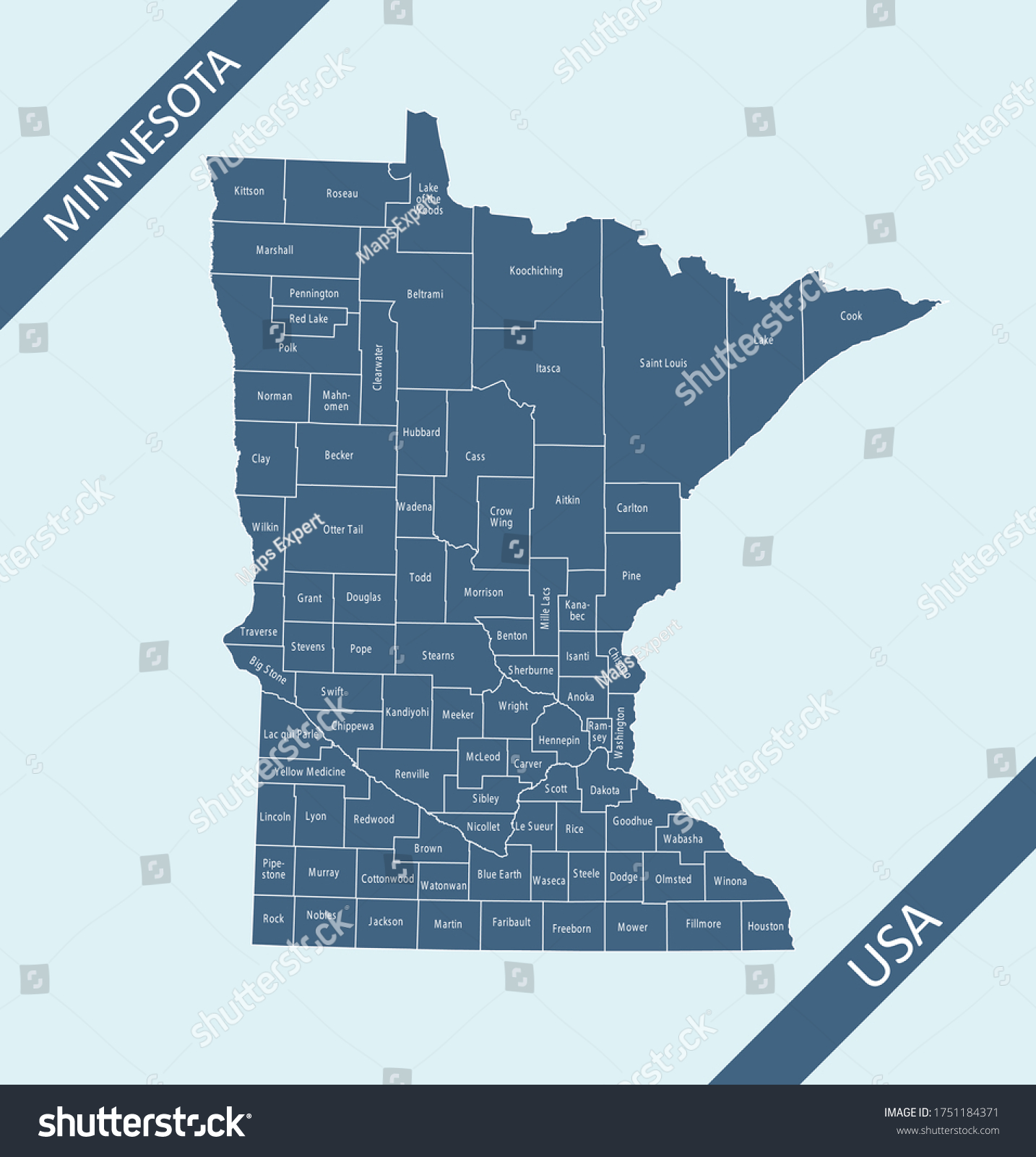 County map of Minnesota USA - Royalty Free Stock Vector 1751184371 