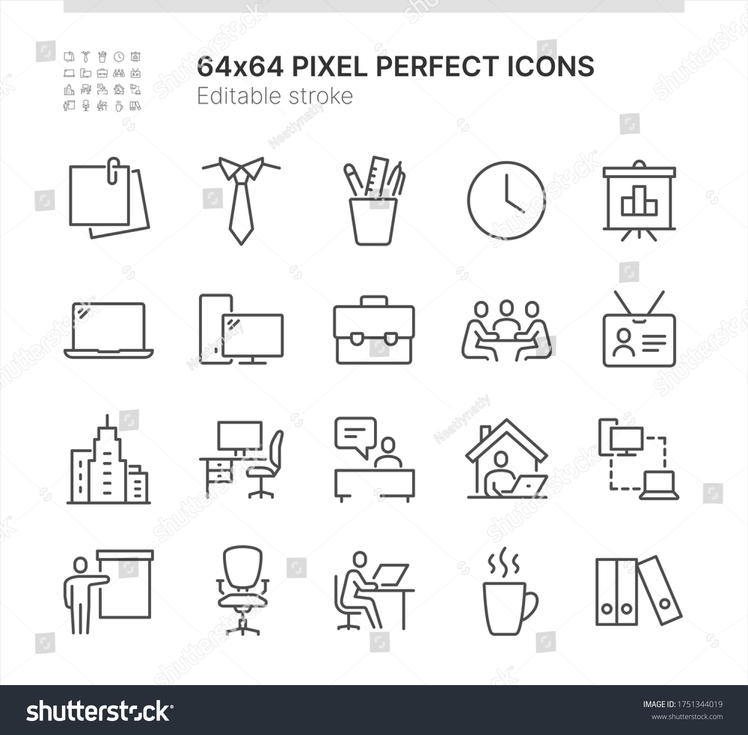 Simple Set of Icons Related to Office Work. Contains such icons as Work from Home, Meeting, Reception and more. Lined Style. 64x64 Pixel Perfect. Editable Stroke. #1751344019