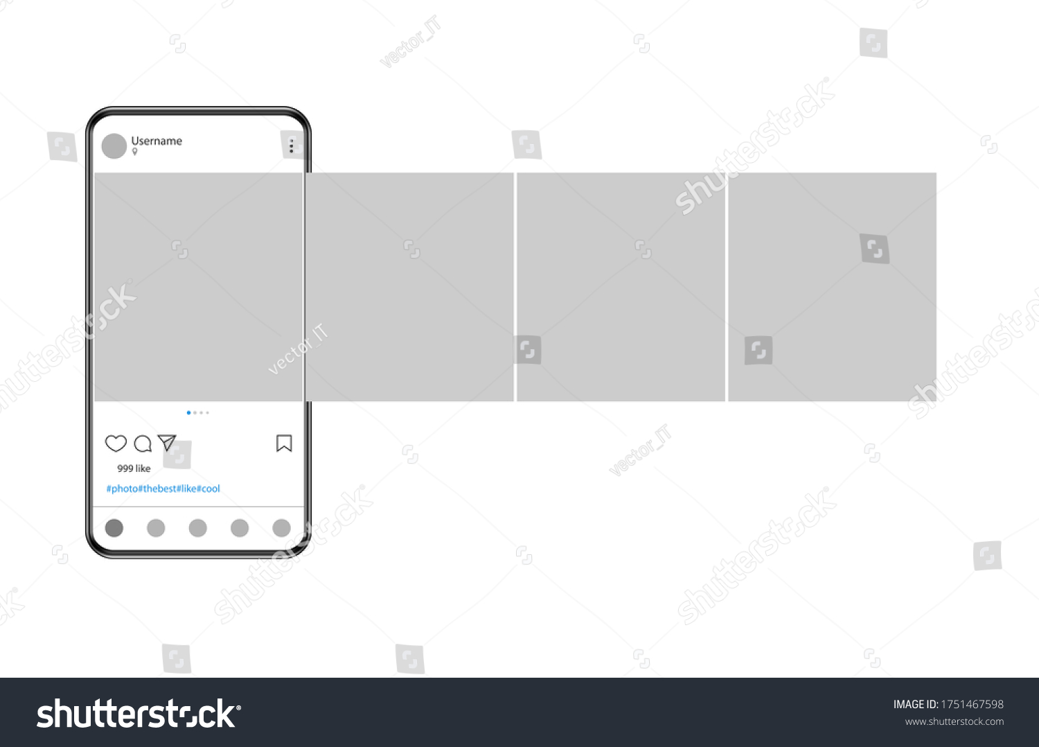 Internet application on the screen of a real smartphone. Post carousel on social media. Vector illustration. #1751467598