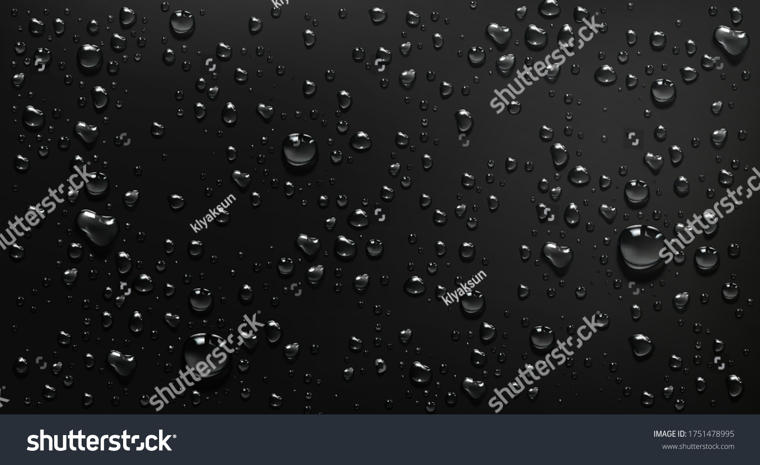 Condensation water drops on black glass background. Rain droplets with light reflection on dark window surface, abstract wet texture, scattered pure aqua blobs pattern Realistic 3d vector illustration #1751478995