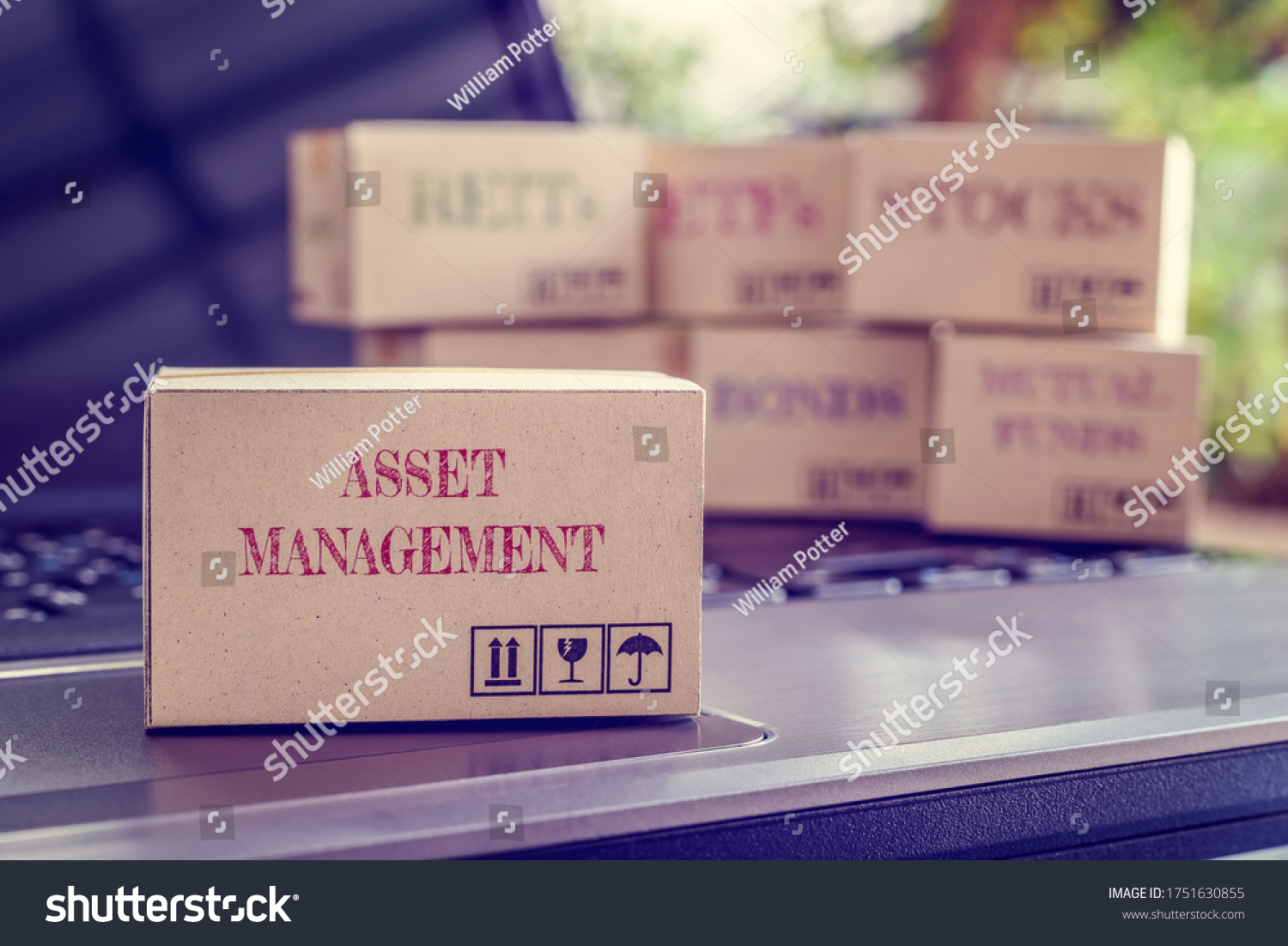 Online asset management / portfolio risk diversification for long-term sustainable growth concept : Boxes of financial products e.g bonds, commodities, stocks, mutual funds, ETFs, REITs on a laptop #1751630855