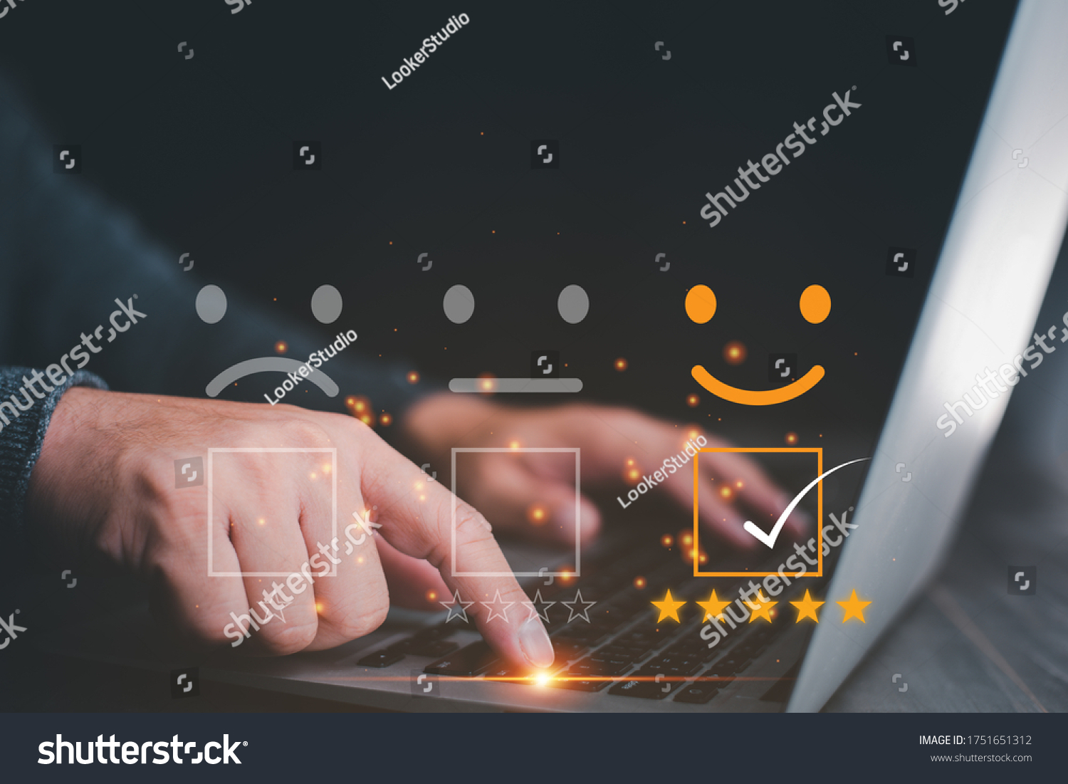 Customer service satisfaction survey concept.Business people or customers show satisfaction through the application on the tablet screen. By giving the most satisfaction rating and 5 stars. #1751651312