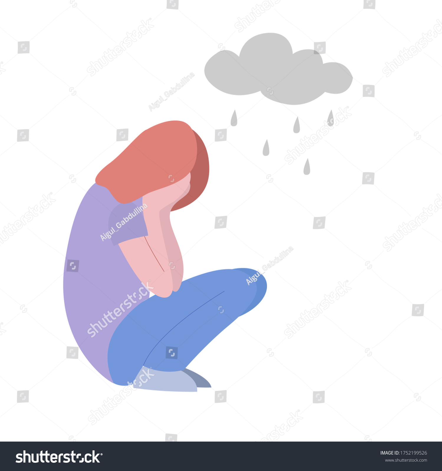 A young girl sits and is sad. Cloud with - Royalty Free Stock Vector ...