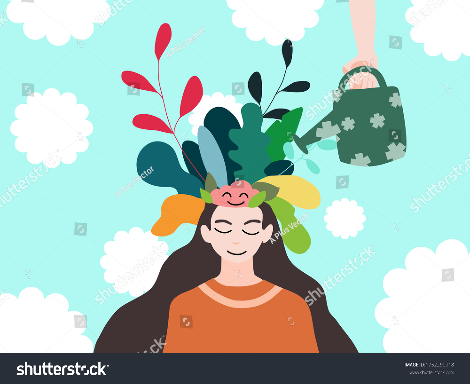 Mental health, illness ,brain development ,medical treatment  concept, hand water tree pop up form women’s head and brain, vector illustration   #1752290918