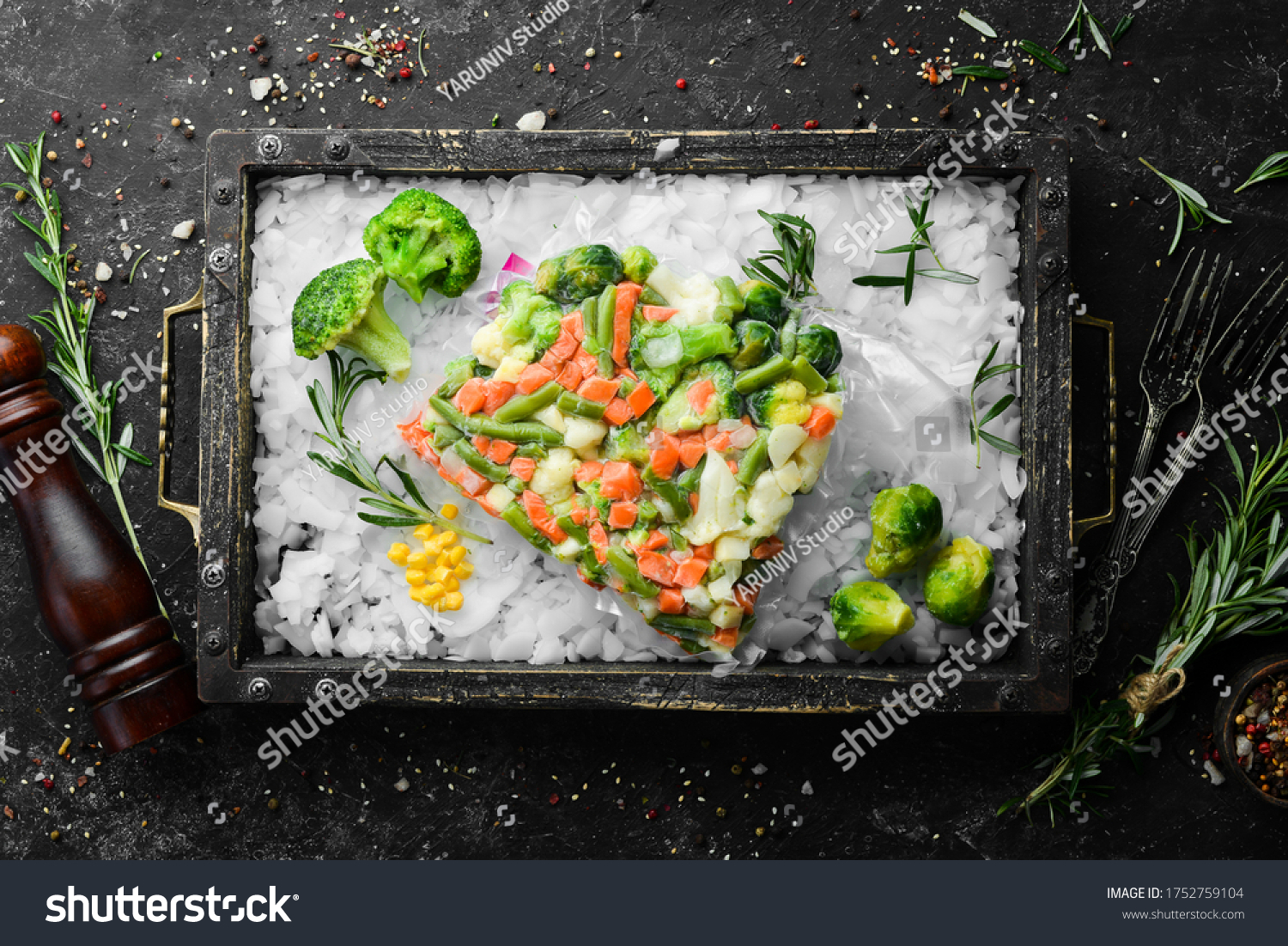 Assortment of frozen vegetables on ice. Stocks of food. Top view. Free space for your text. #1752759104