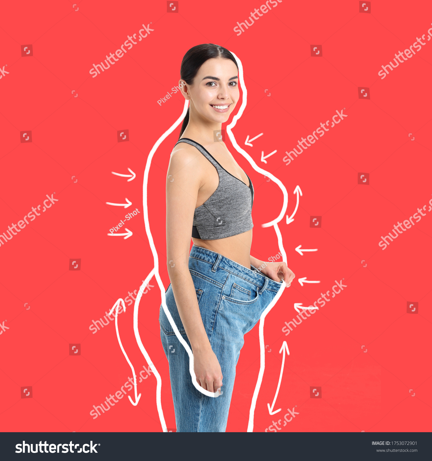 Young woman in loose clothes after weight loss on color background #1753072901