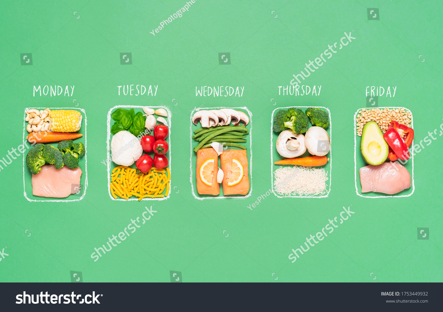 Weekly meal preparation concept with raw food ingredients in chalk-drawn lunch boxes on green background. Prep meals plan for the week. Healthy meals #1753449932