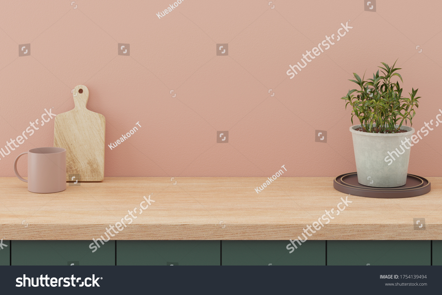 Minimal kitchen interior mock up design for product presentation background or branding concept with green counter bright wood top and pink wall include vase with plant chopping block and glass #1754139494