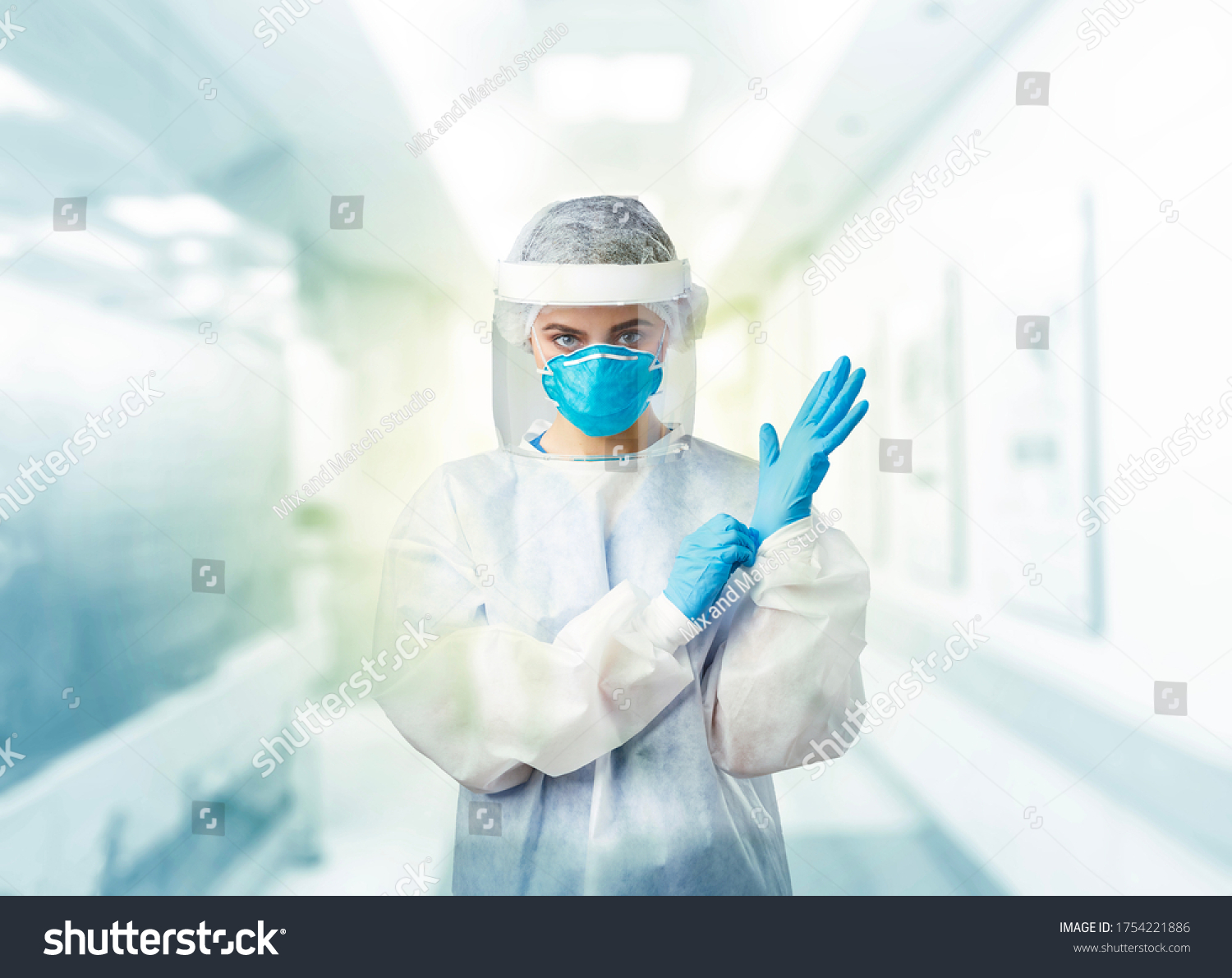 Doctors in the protective suits and masks are ready for examining the infected aging in the control area of hospital. #1754221886