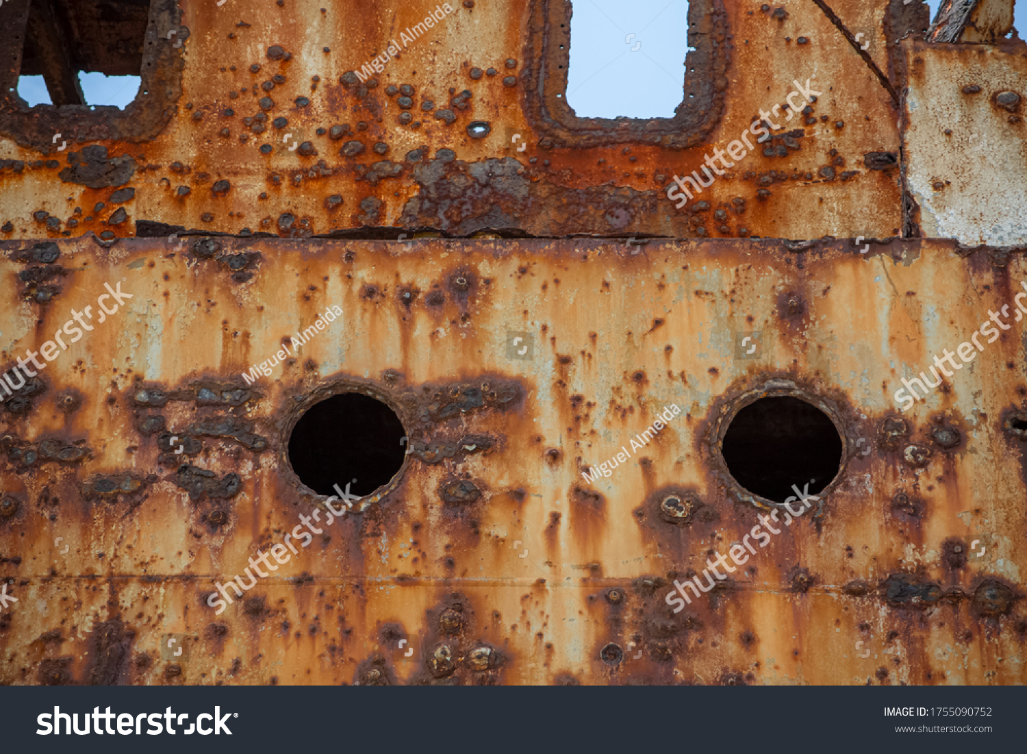 Detail view of abandoned ship carcass in graveyard ships on the atlantic ocean coast... #1755090752