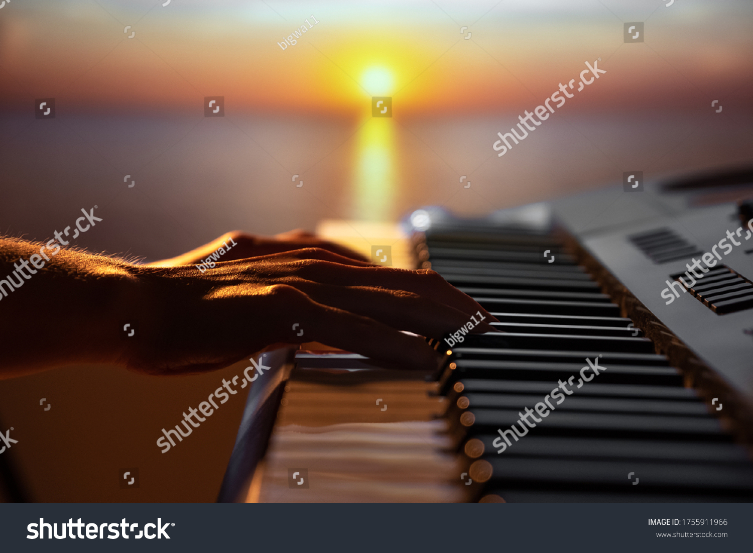 Girl playing a synthesizer at sunset #1755911966