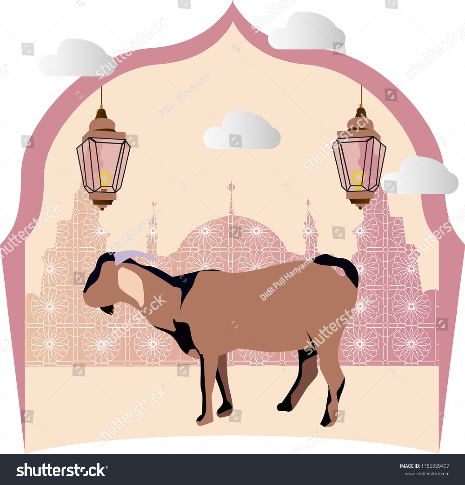 Goat Eid Al Adha In Mosque Pattern And Lantern Royalty Free Stock