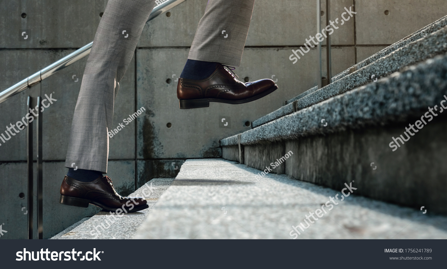 Motivation and challenging Concept. Steps Forward into a Success. Low Section of Businessman Walking Up on Staircase #1756241789