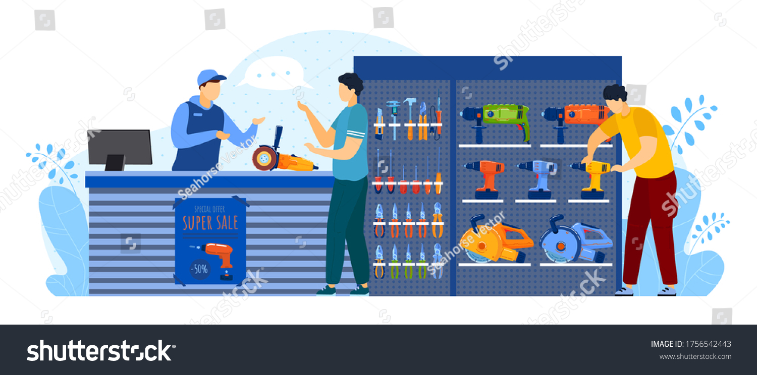 People buy in tool store vector illustration. Cartoon flat man buyer client characters buying equipment for toolbox of house repair, consulting salesman at counter. Hardware shop isolated on white #1756542443
