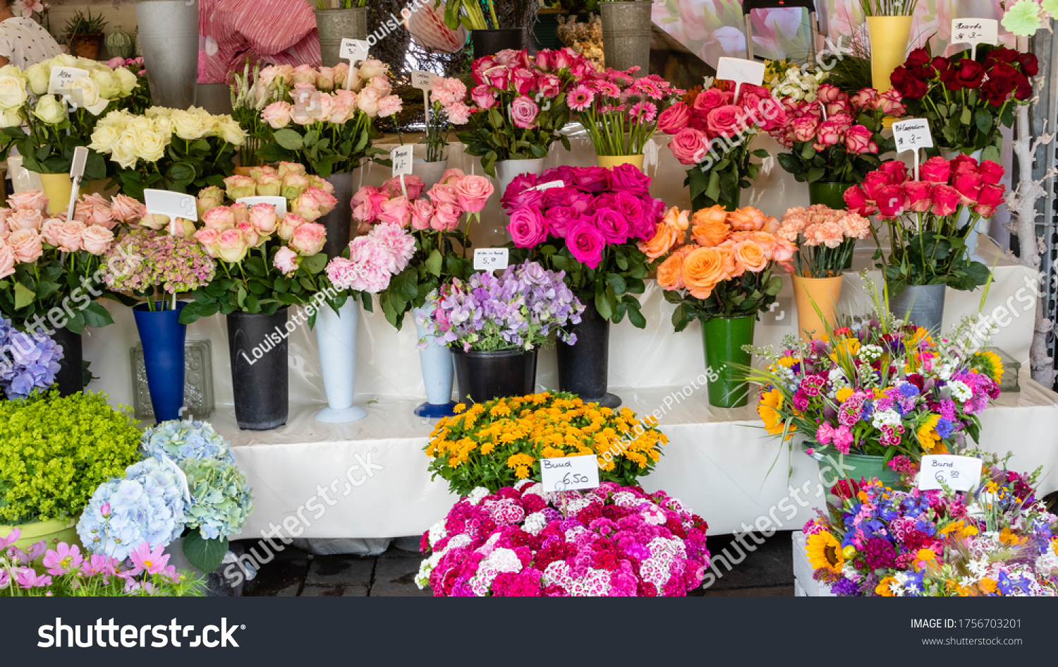 Munich, Germany - June 5, 2018: Fresh flowers on display at the victuals market in Munich, Germany #1756703201