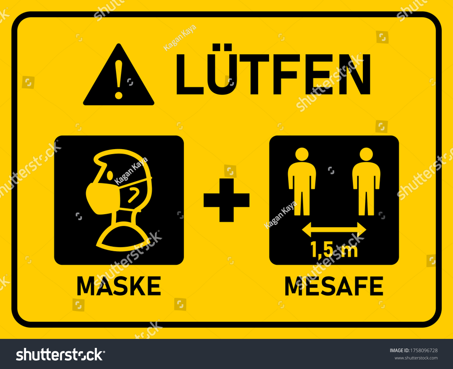 Horizontal Signboard with Basic Set of Measures against the Spread of Coronavirus in Turkish including Please Wear a Face Mask and Keep Your Distance 1,5 m or 1,5 Metres. Vector Image. #1758096728