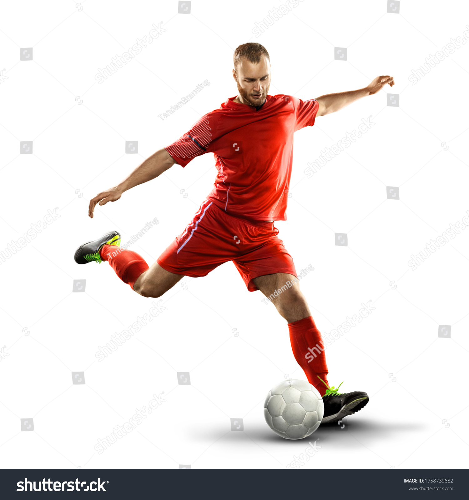 Soccer player in action with a ball on a white background #1758739682
