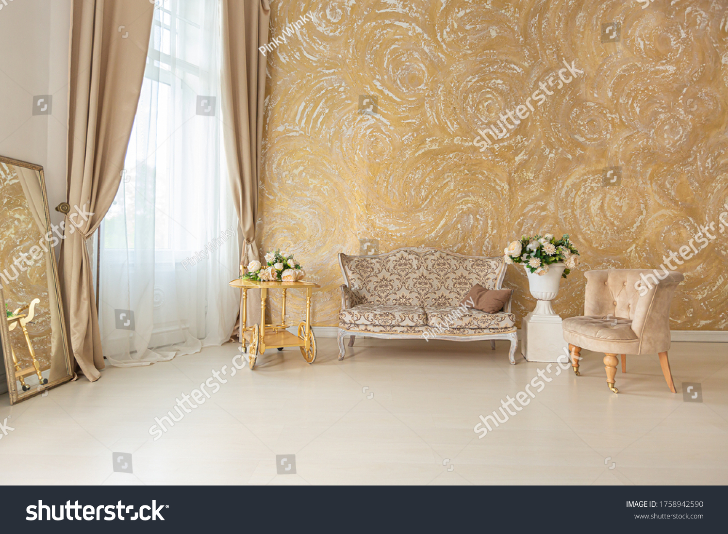 
luxurious expensive interior of a large baroque royal living room. antique furniture, gold trim, huge windows, fireplace with gold stucco on the walls. full of daylight #1758942590
