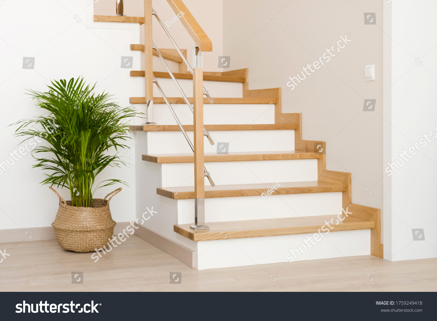 Modern natural ash tree wooden stairs in new house interior #1759249418