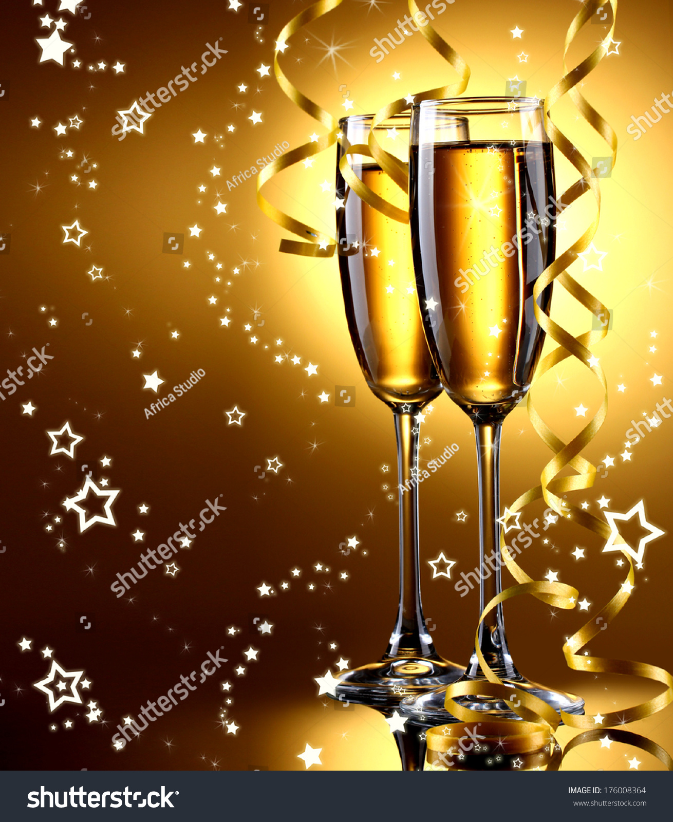 Two glasses of champagne on bright background with lights #176008364