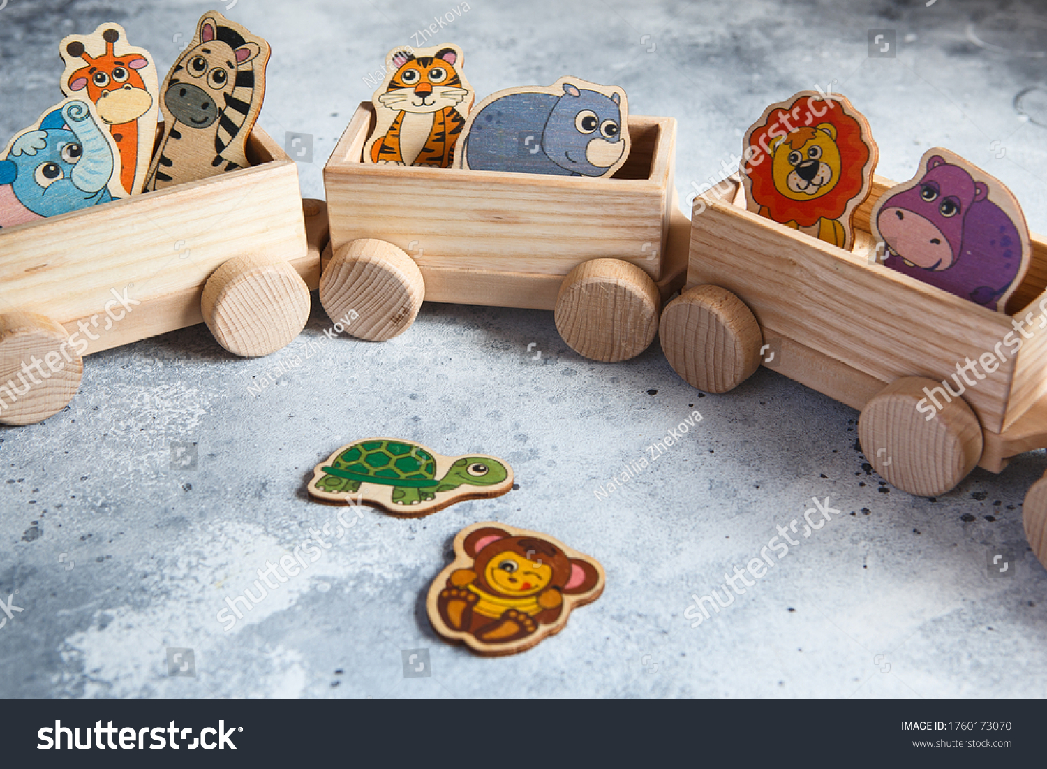 Children's wooden toys. Children wooden train with wagons. Natural wood construction set. Educational equipment. Noah's Ark #1760173070