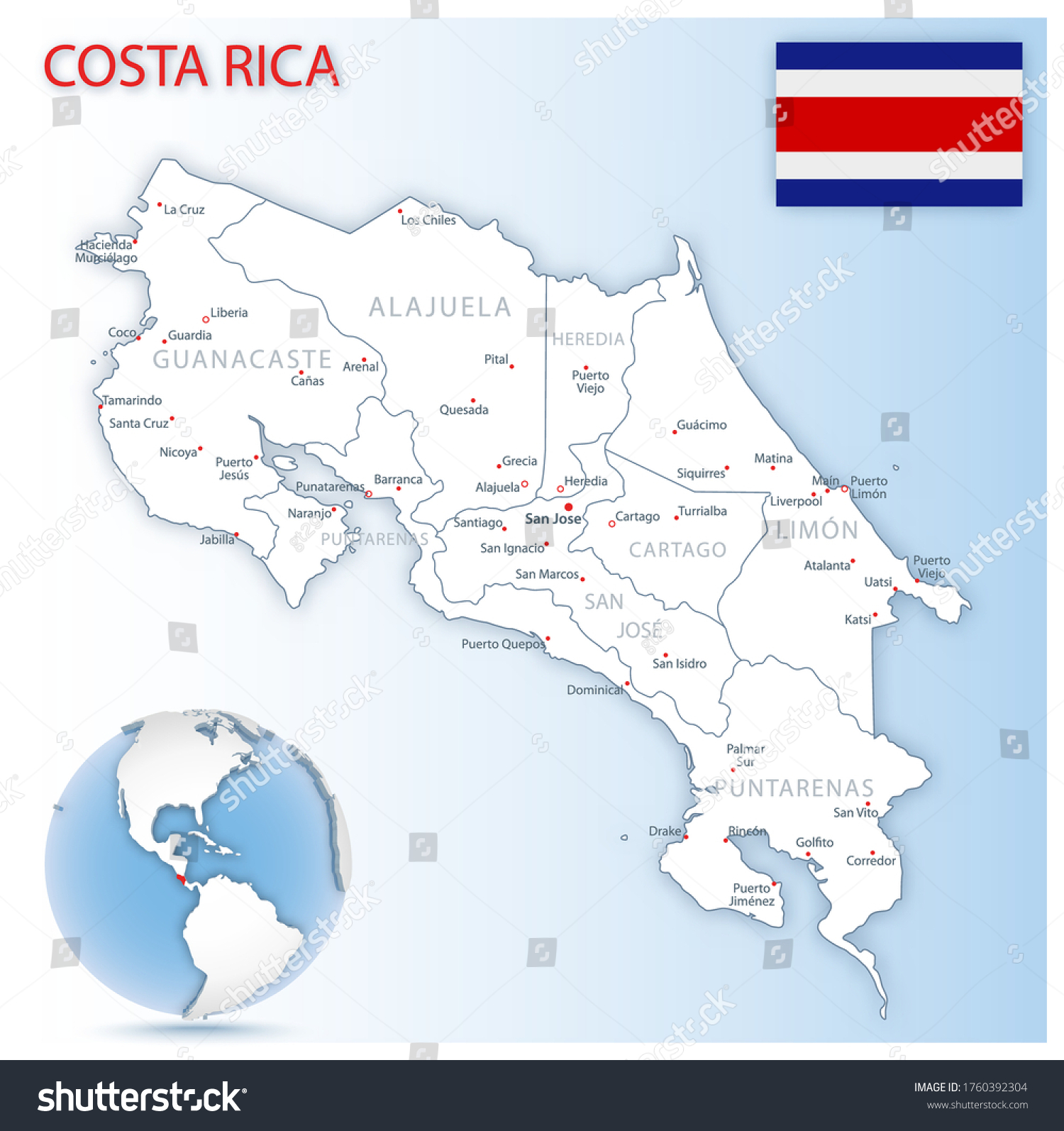 Detailed Map Of Costa Rica Administrative Royalty Free Stock Vector 1760392304 8315