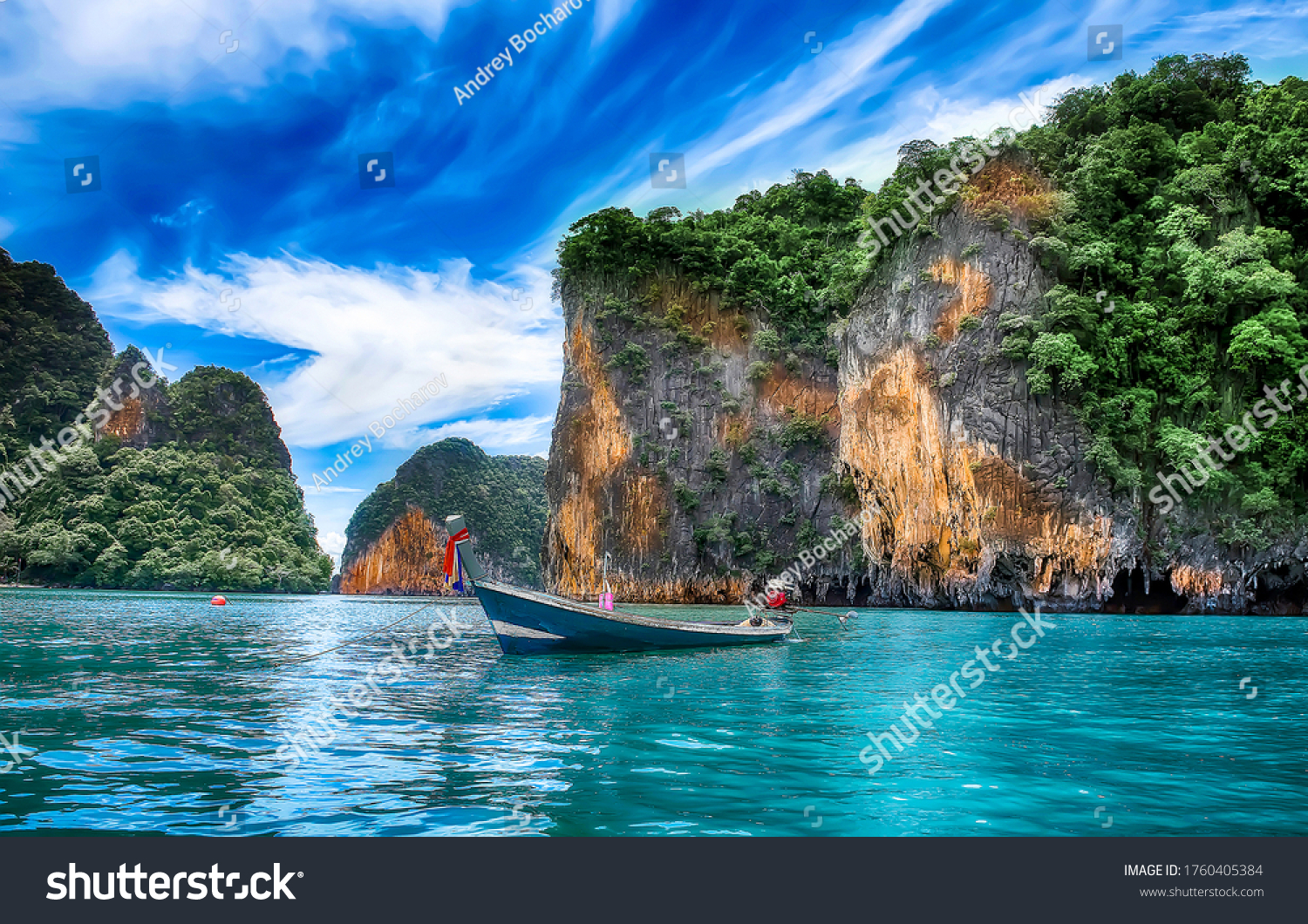 Boat in calm water of Phuket island bay in relaxing travel landscape #1760405384