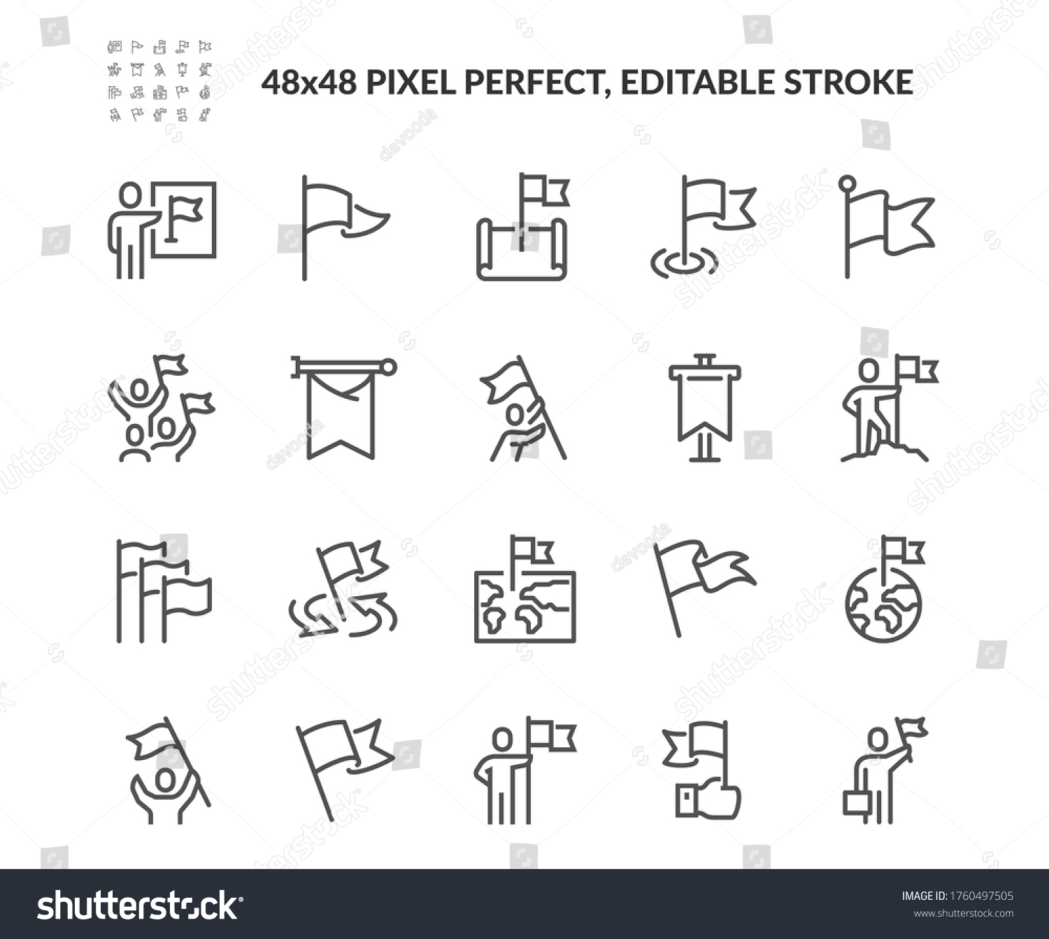 Simple Set of Flag Related Vector Line Icons. Contains such Icons as Achievement, Victory, Map with a Flag and more. Editable Stroke. 48x48 Pixel Perfect. #1760497505