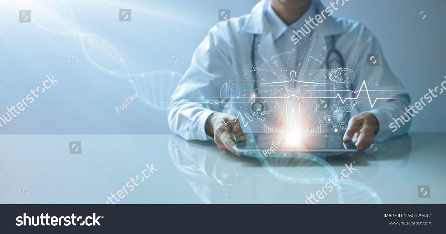 Medicine doctor holding electronic medical record on tablet. DNA. Digital healthcare and network connection on hologram interface, Science and innovative, Medical technology and network concept #1760929442