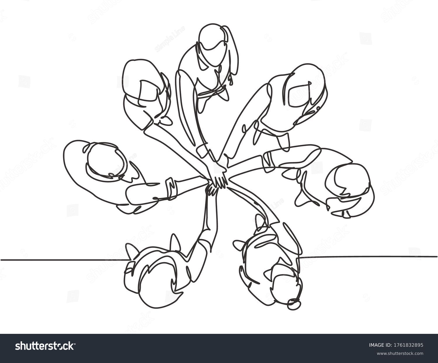 One single line drawing group of young happy business people unite their hands together to form a circle shape symbol, top view. Trendy teamwork concept continuous line draw design vector illustration #1761832895