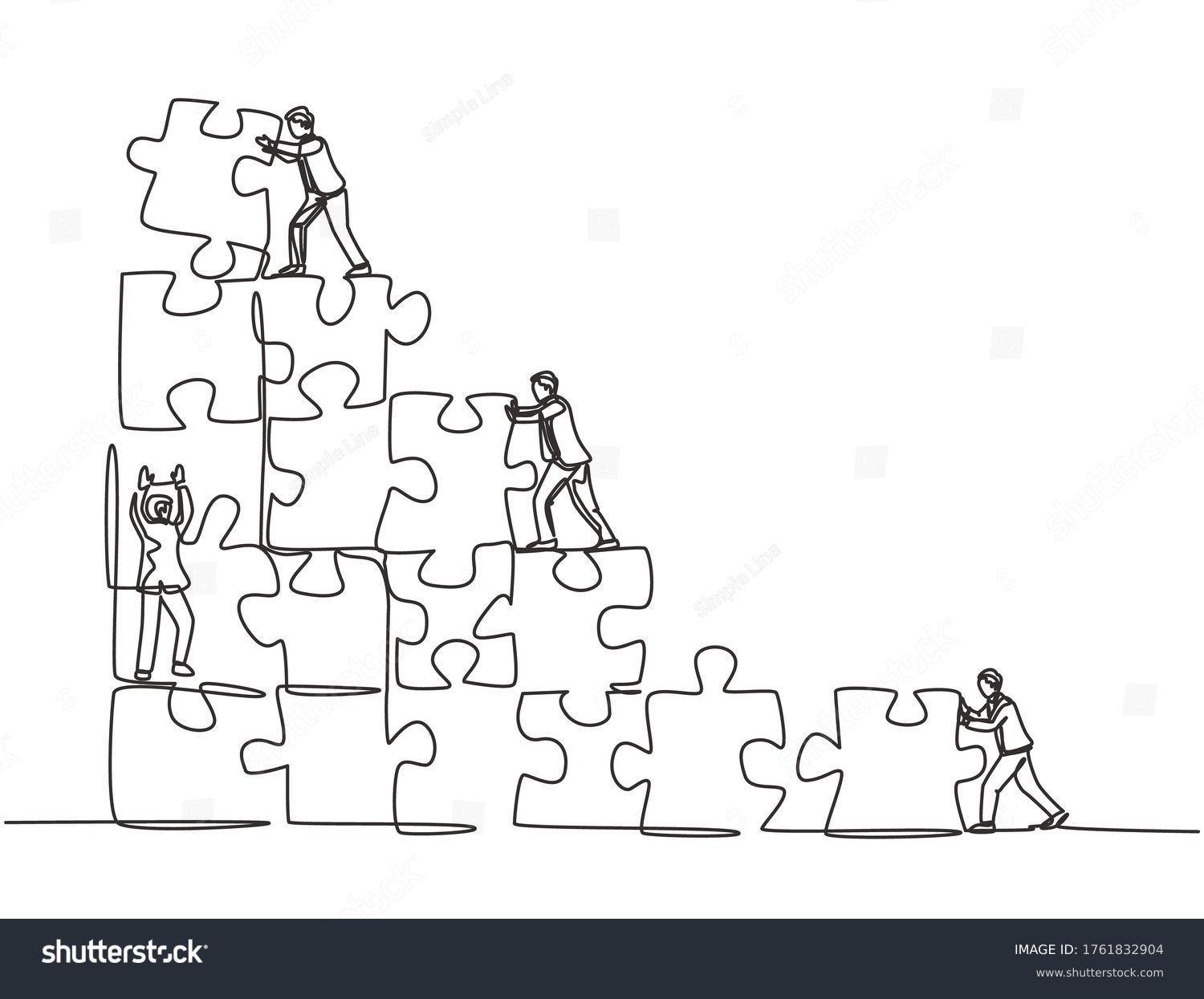 One single line drawing of two young businessman push and arrange puzzle pieces to build a strong building. Trendy business teamwork concept continuous line draw design graphic vector illustration #1761832904