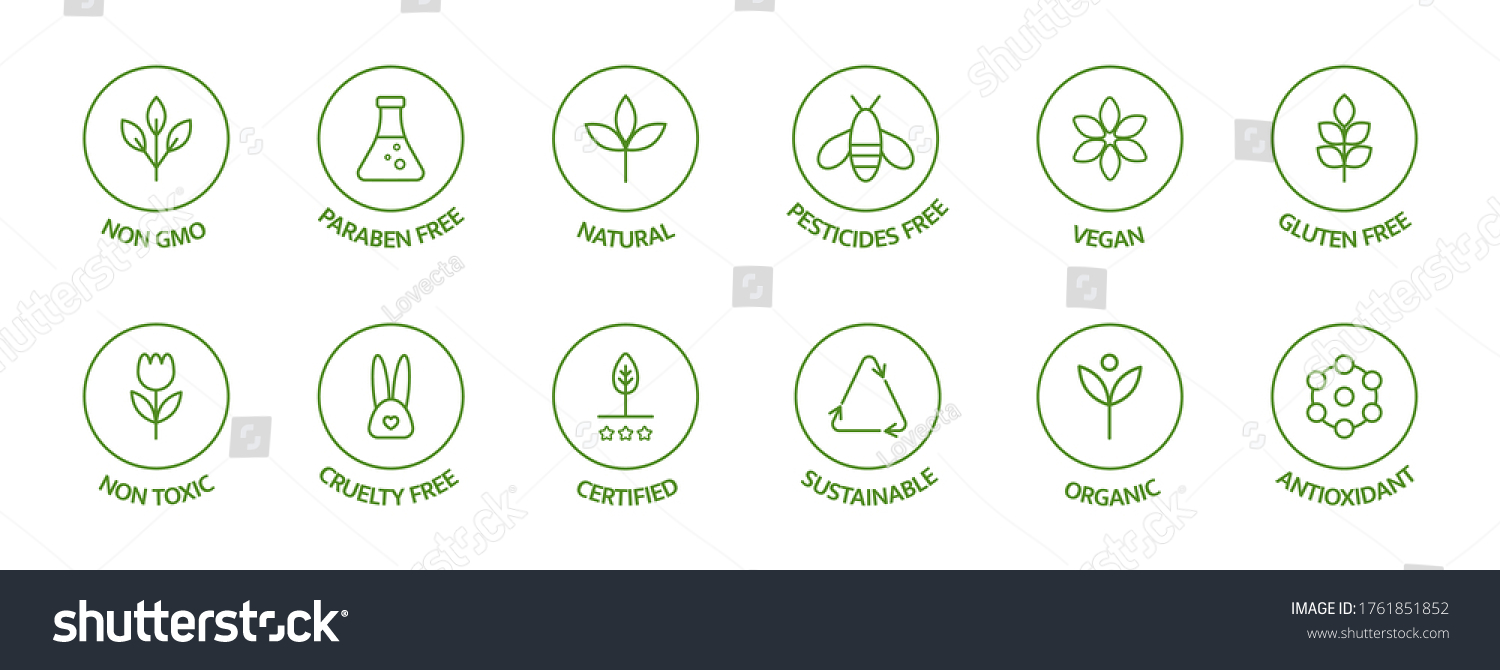 Organic cosmetic line icons set. Product free allergen labels. Natural products badges. GMO free emblems. Organic stickers. Healthy eating. Vegan, bio food. Vector illustration. #1761851852