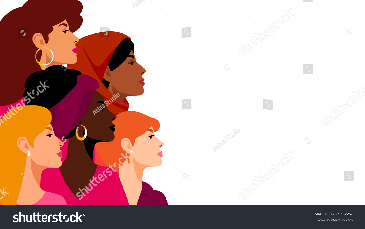 Multi-ethnic women. A group of beautiful women with different beauty, hair and skin color. The concept of women, femininity, diversity, independence and equality. Vector illustration. #1762293584