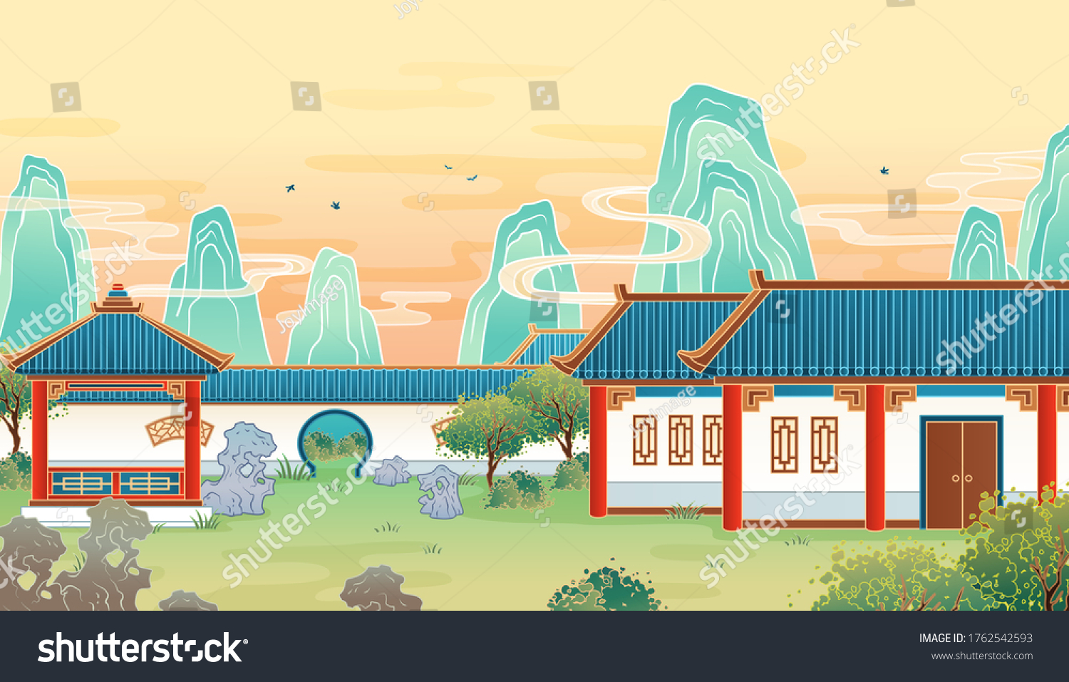 Scenic illustration of ancient Chinese garden and houses, in flat design