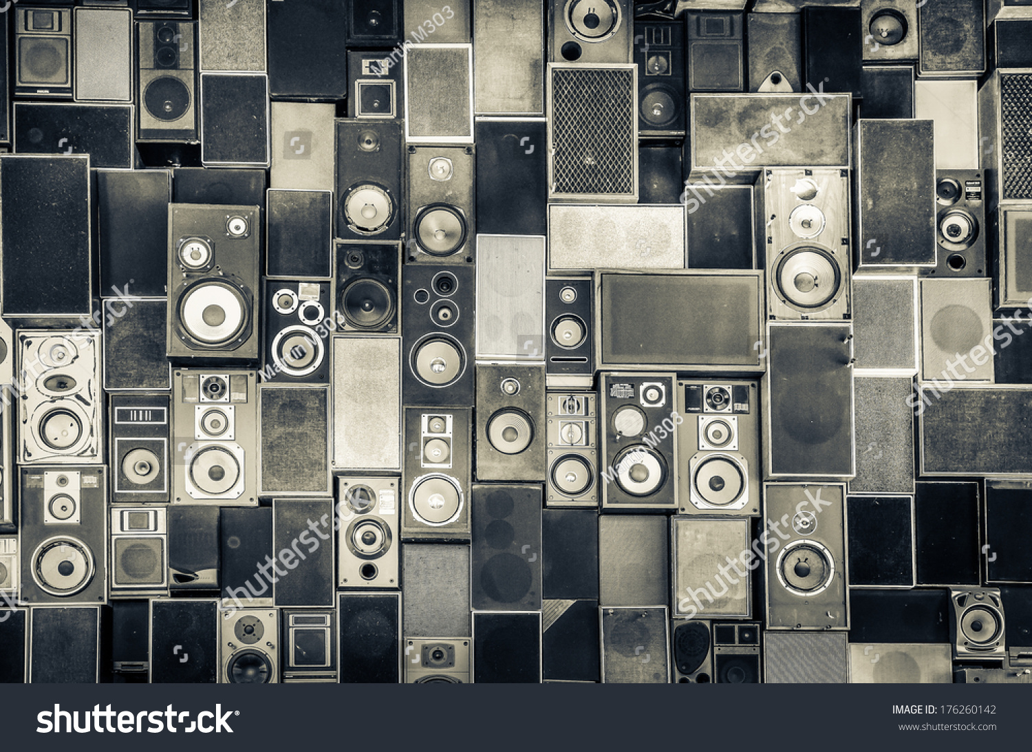 Music sound speakers hanging on the wall in monochrome vintage style #176260142