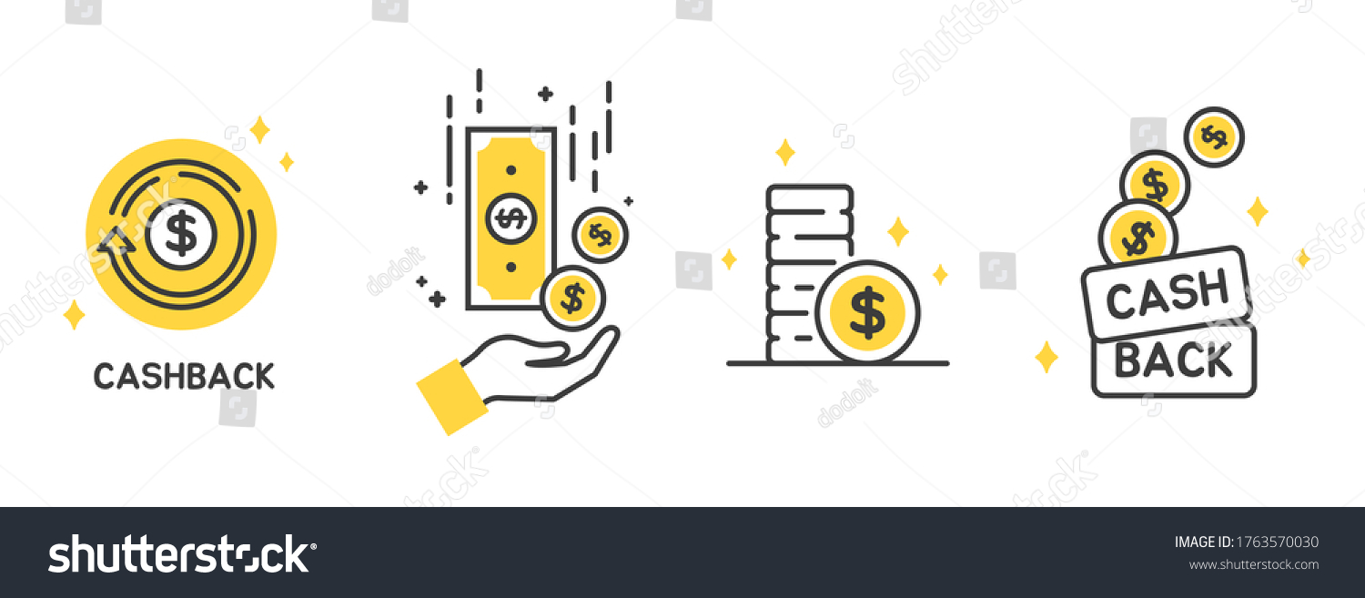 Cashback icon set, Return money, Cash back rebate, Financial services, money refund, return on investment, savings account, currency exchange. Mobile payment for purchases. line symbol. Vector. #1763570030