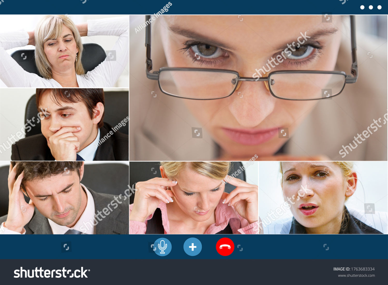 group video call screen of stressed business colleagues having video meeting trying to overcome crisis. #1763683334