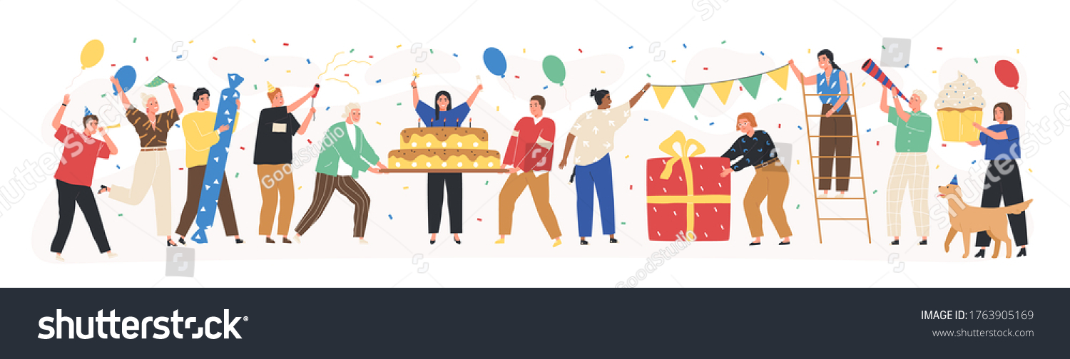 Collection of joyful people celebrating holiday vector flat illustration. Set of happy man and woman at birthday party with confetti, cake and gifts isolated on white. Festive friends at event #1763905169