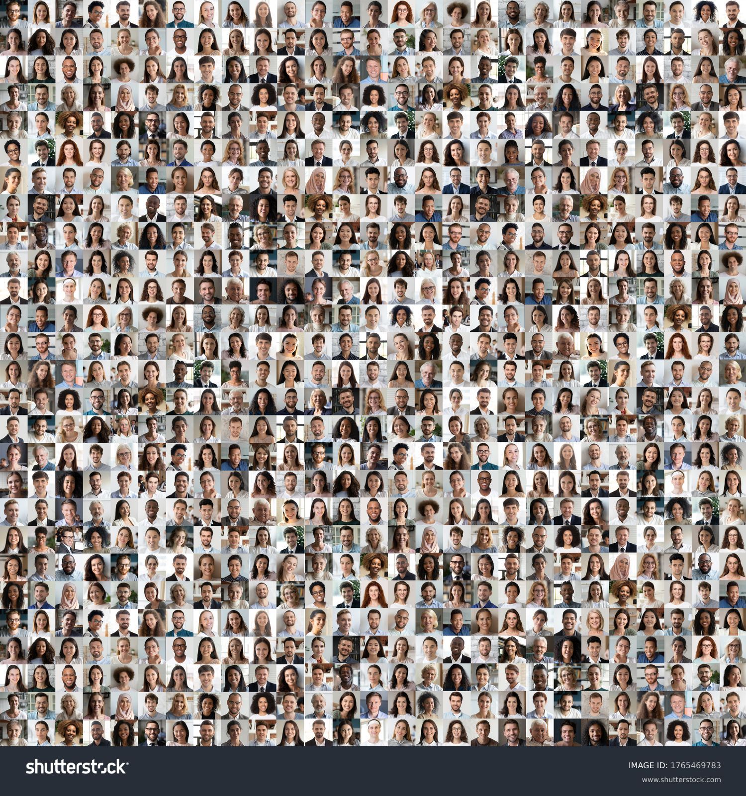 Lot of different multiracial people headshots portraits in square collage mosaic image. Many hundreds of diverse age and ethnicity people faces looking at camera collection. Social diversity concept. #1765469783