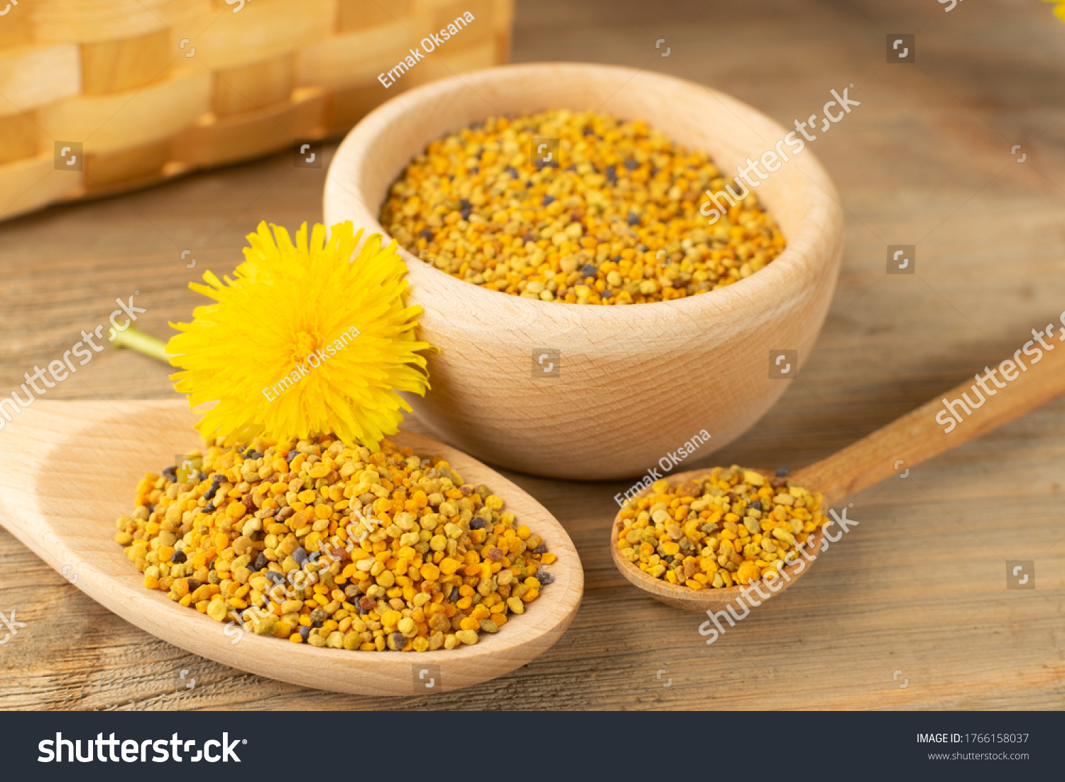 Macro shot of bee pollen or perga in wooden spoon on blurred rustic background. Raw brown, yellow, orange and blue flower pollen grains or bee bread. Healthy food supplement with selective focus #1766158037