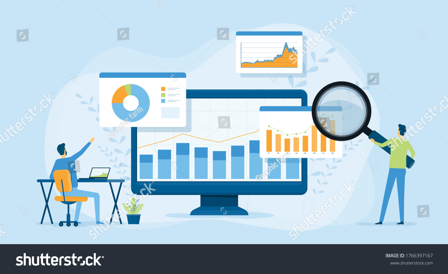 Flat vector design statistical and Data analysis for business finance investment concept with business people team working on monitor graph dashboard  #1766397167