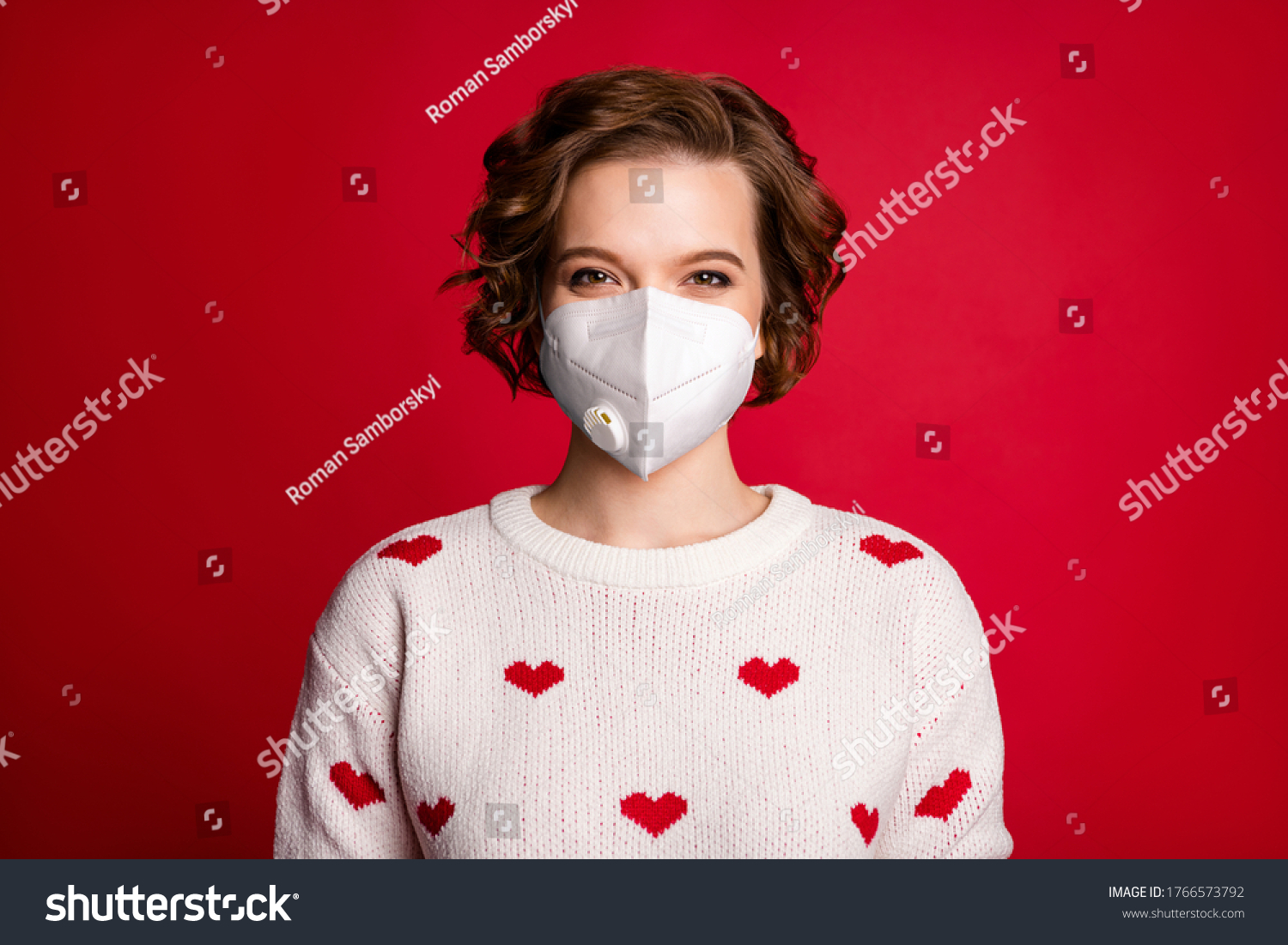 Close-up portrait of content lovely girl wearing safety n95 respirator mask 14-february white sweater with small hearts mers cov preventive measures isolated over vivid color background #1766573792