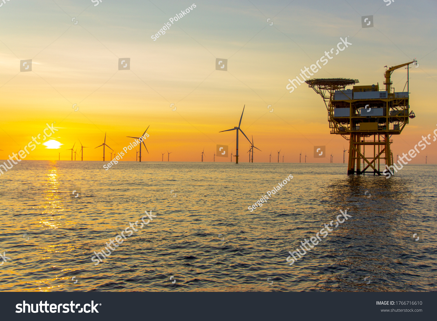 The beautiful sunset in the North Sea offshore wind farm #1766716610